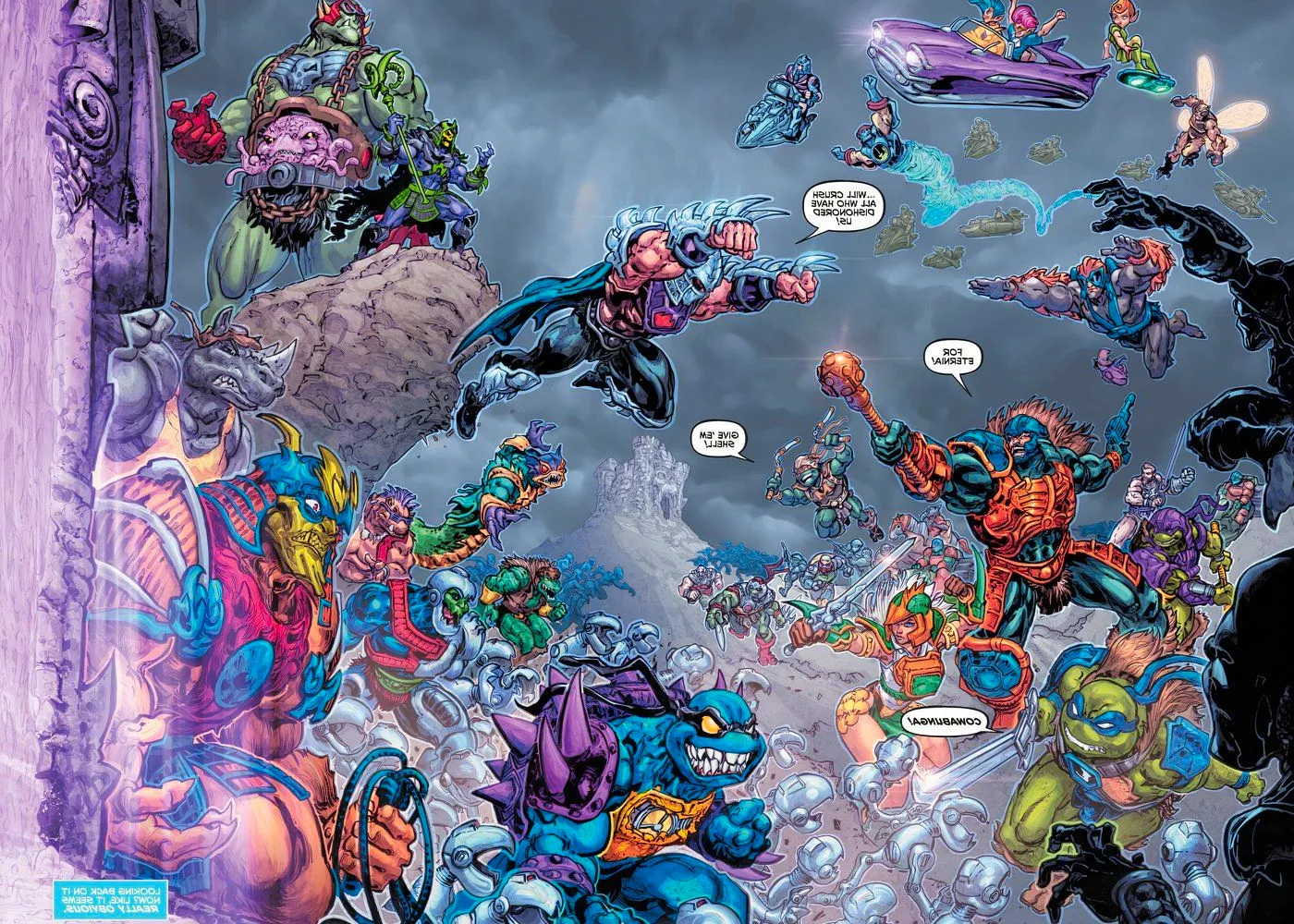 The mutant hybrids of He-Man and TMNT fighting each other. Image