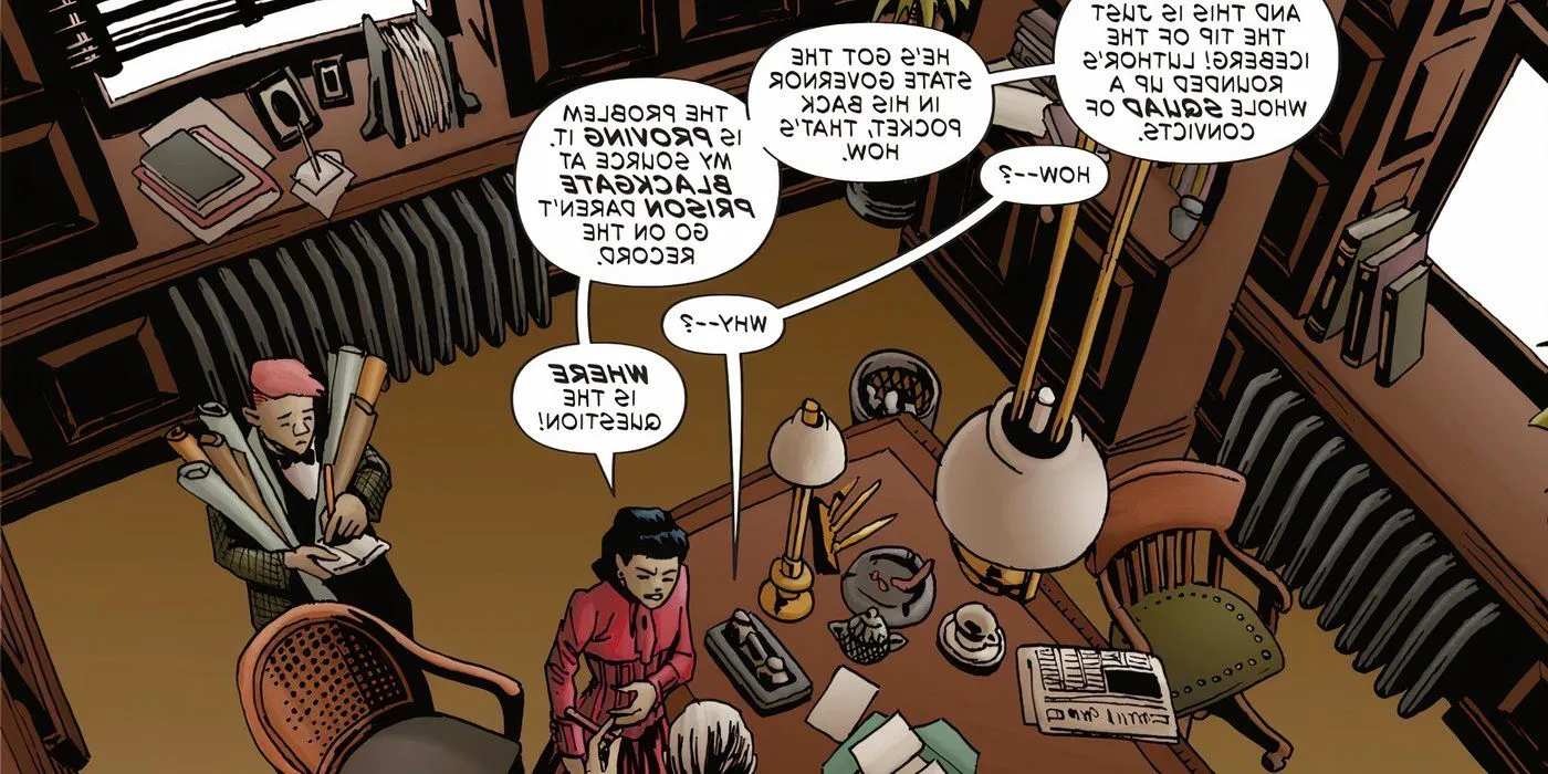 The new Gotham by Gaslight Suicide Squad being talked about by Lois Lane and Perry White in his office Image