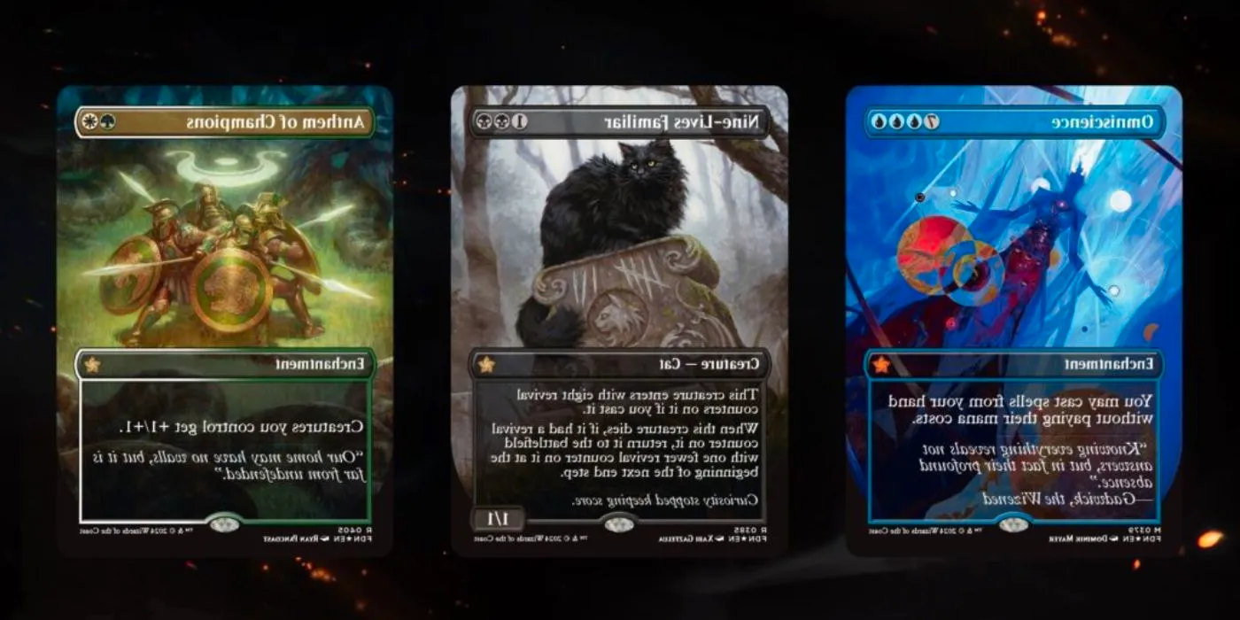 The new Omniscience, Nine-Lives Familiar, and Anthem of Champions cards from MTG's Foundations set. Image