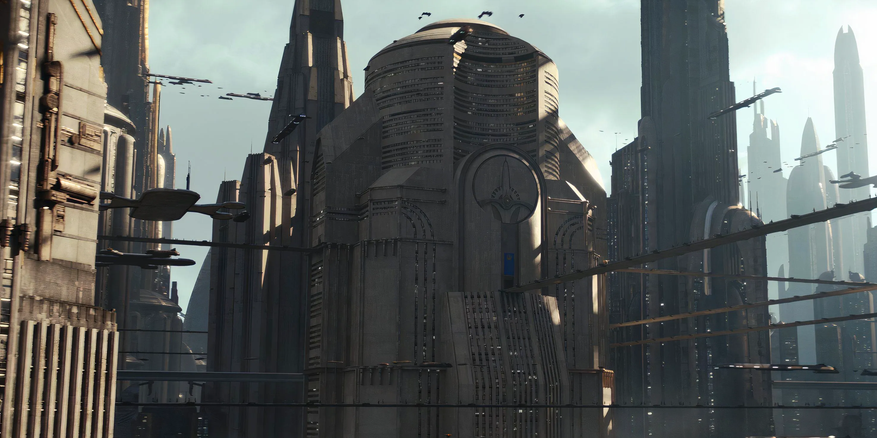 The New Republic building on Coruscant in Ahsoka season 1 episode 7 Image