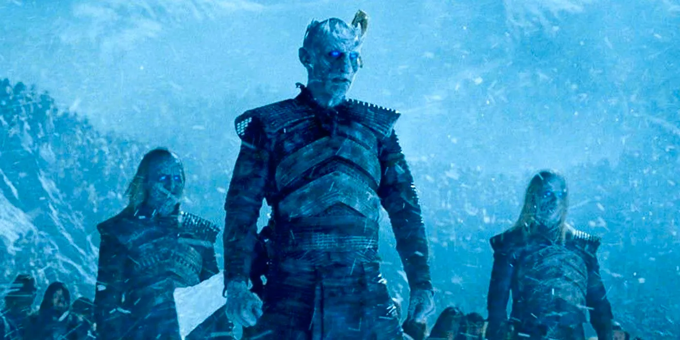 The Night King with other White Walkers behind him beyond the Wall in Game of Thrones Image