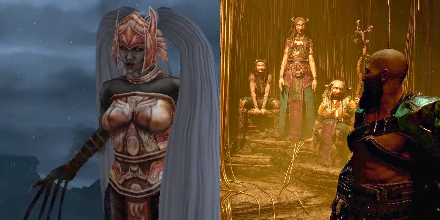 The Norns in God of War Ragnarok and Sister of Fate Atropos in God of War 2 Image