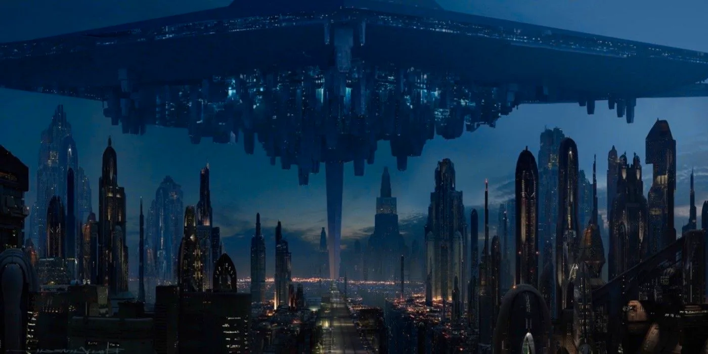 The Order capital ship hovering above the city on Coruscant in concept art for Colin Trevorrow's canceled Star Wars: Episode IX - Duel of the Fates. Image