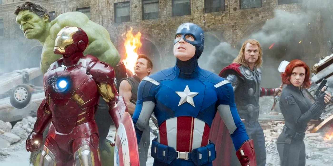 The original Avengers standing in a circle in the iconic team shot from 2012's The Avengers Image