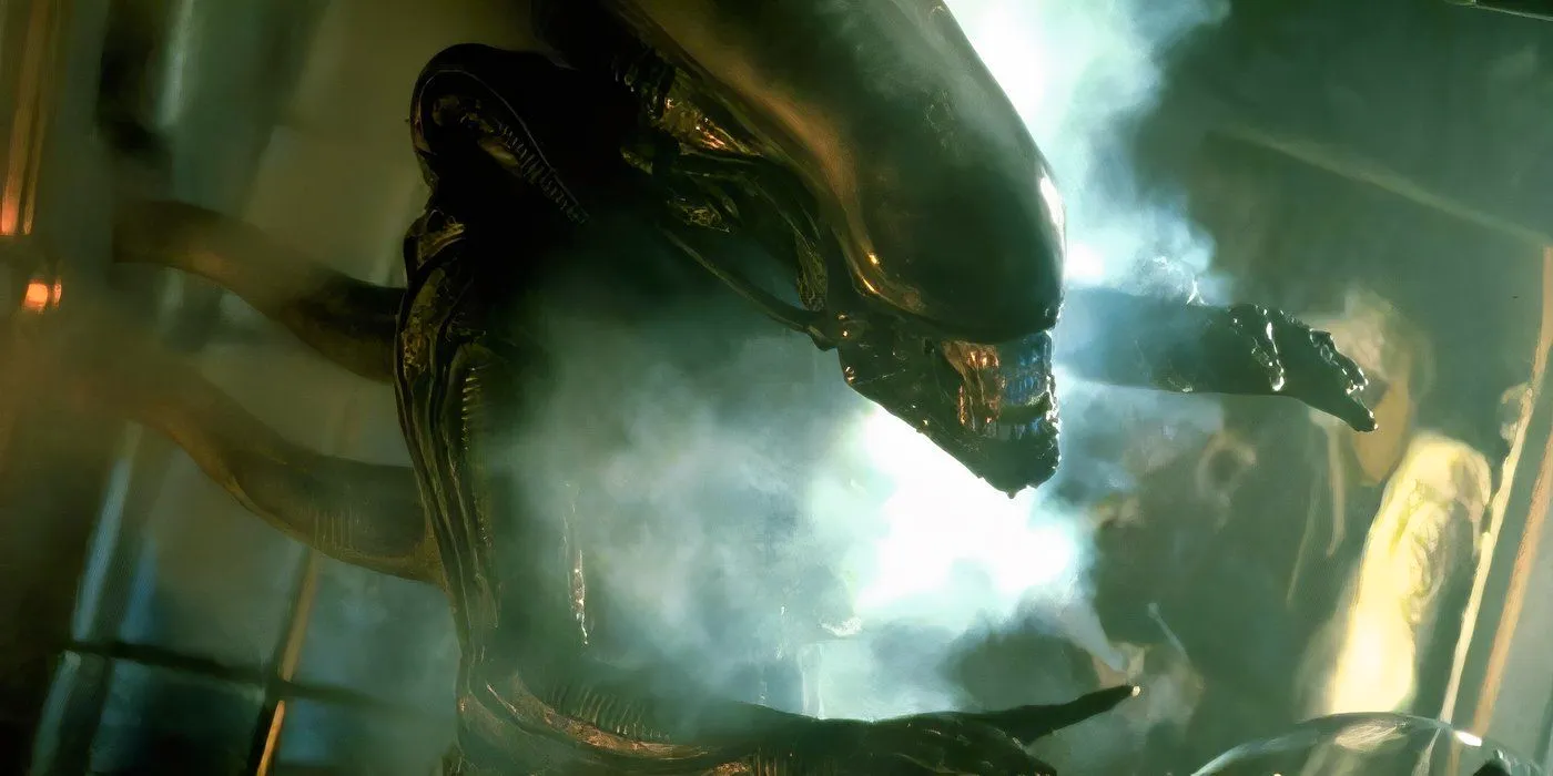 The original Xenomorph surrounded by smoke from 1979's Alien.  Image