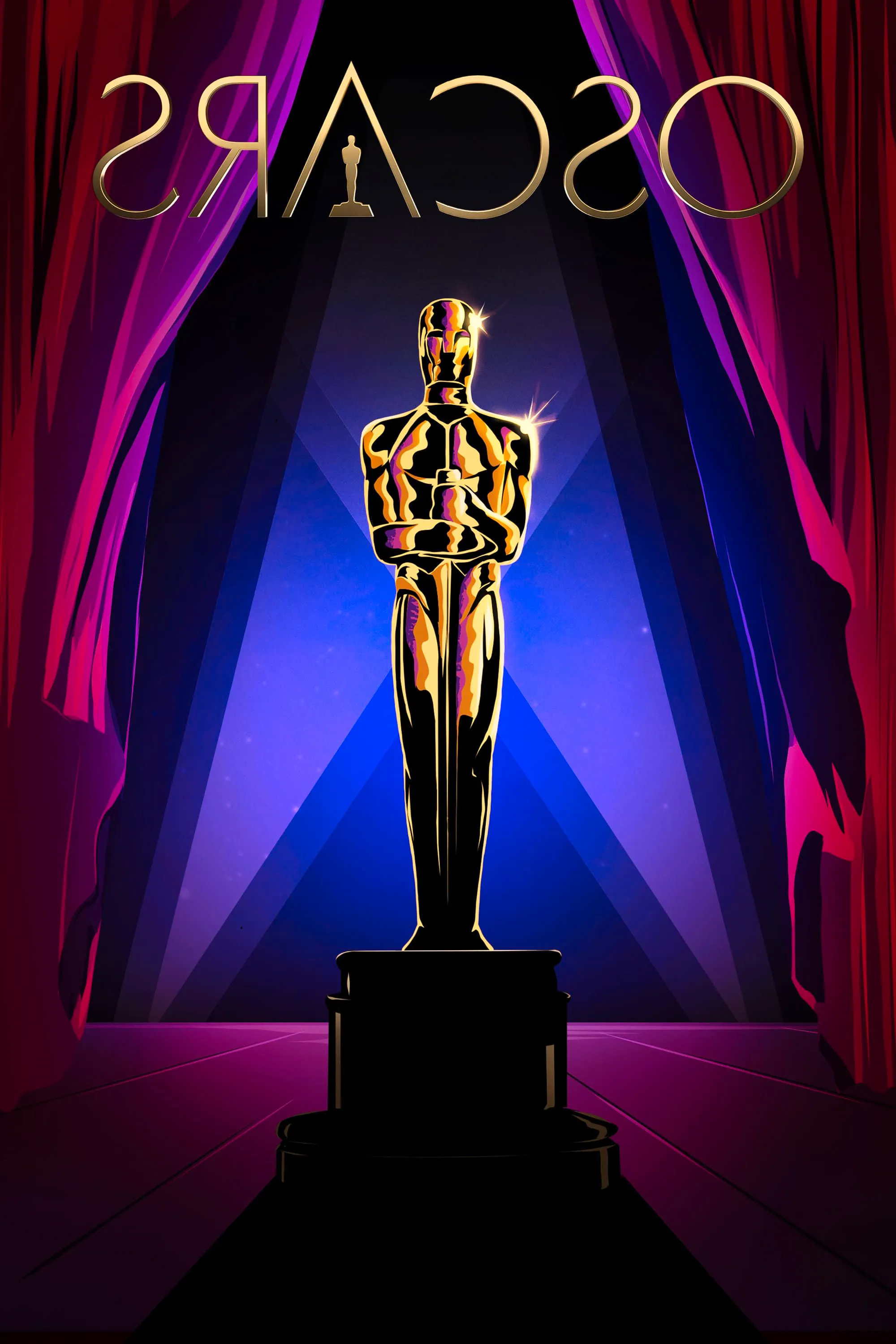 The Oscars Poster Featuring an Oscars Statue Standing in front of a curtain Image