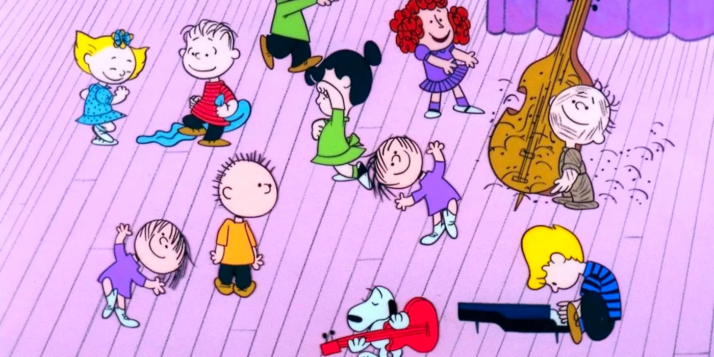 The Peanuts gang dancing, from the Iconic Charlie Brown Christmas special scene Image