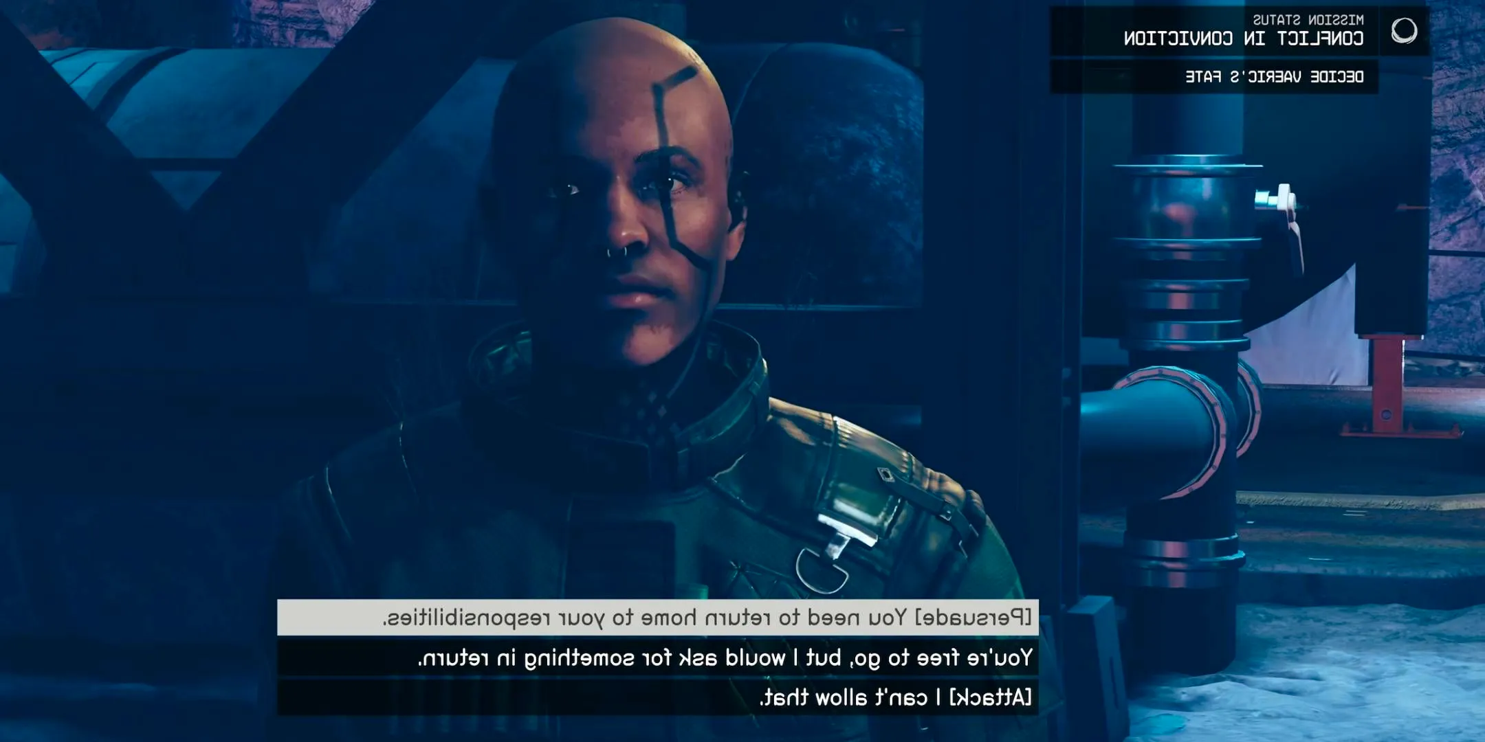 The player talking to Vaeric with the options to spare him in Starfield Shattered Space. Image