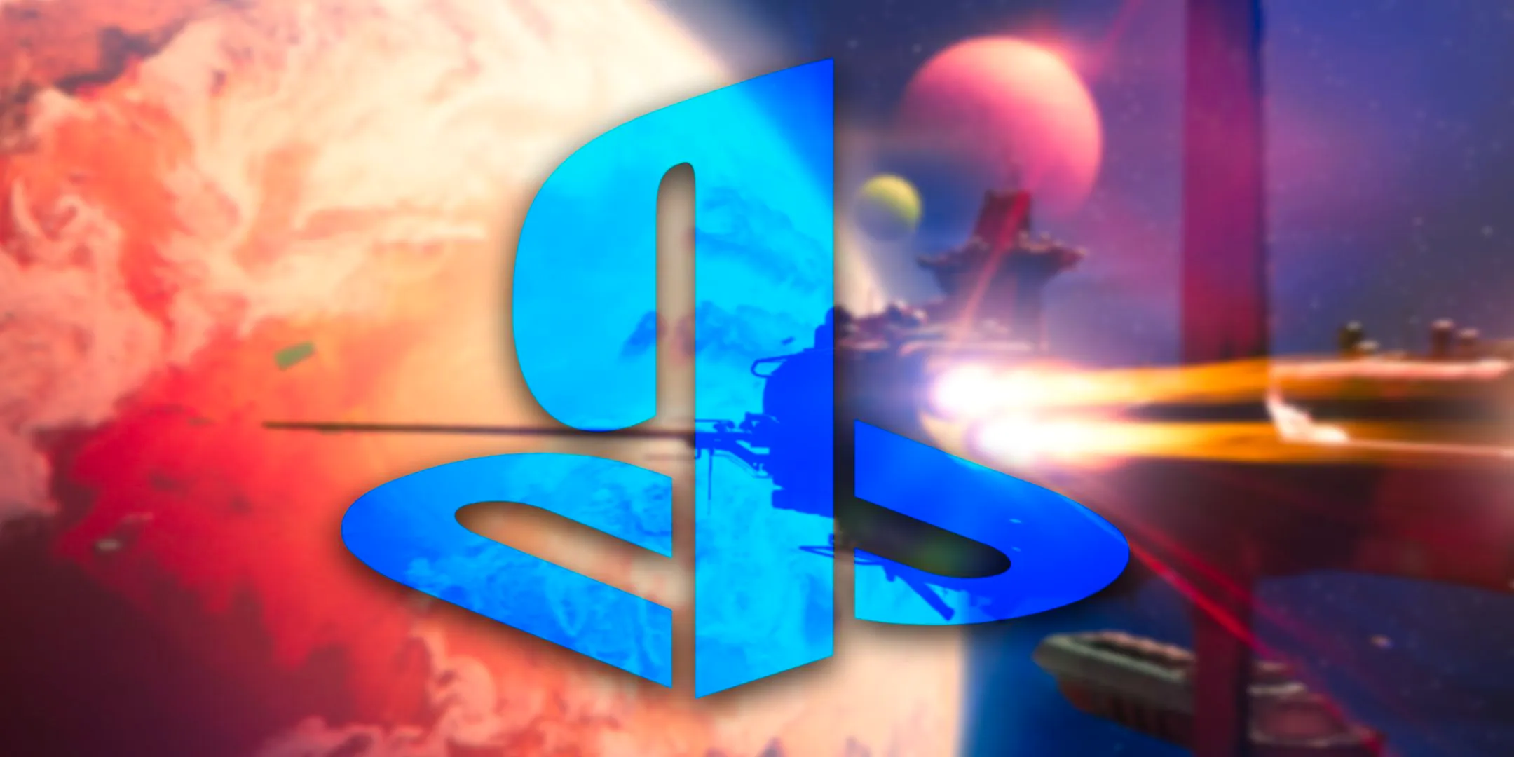 The PlayStation logo in front of an image of a ship approaching a planet from the video game Concord. Image