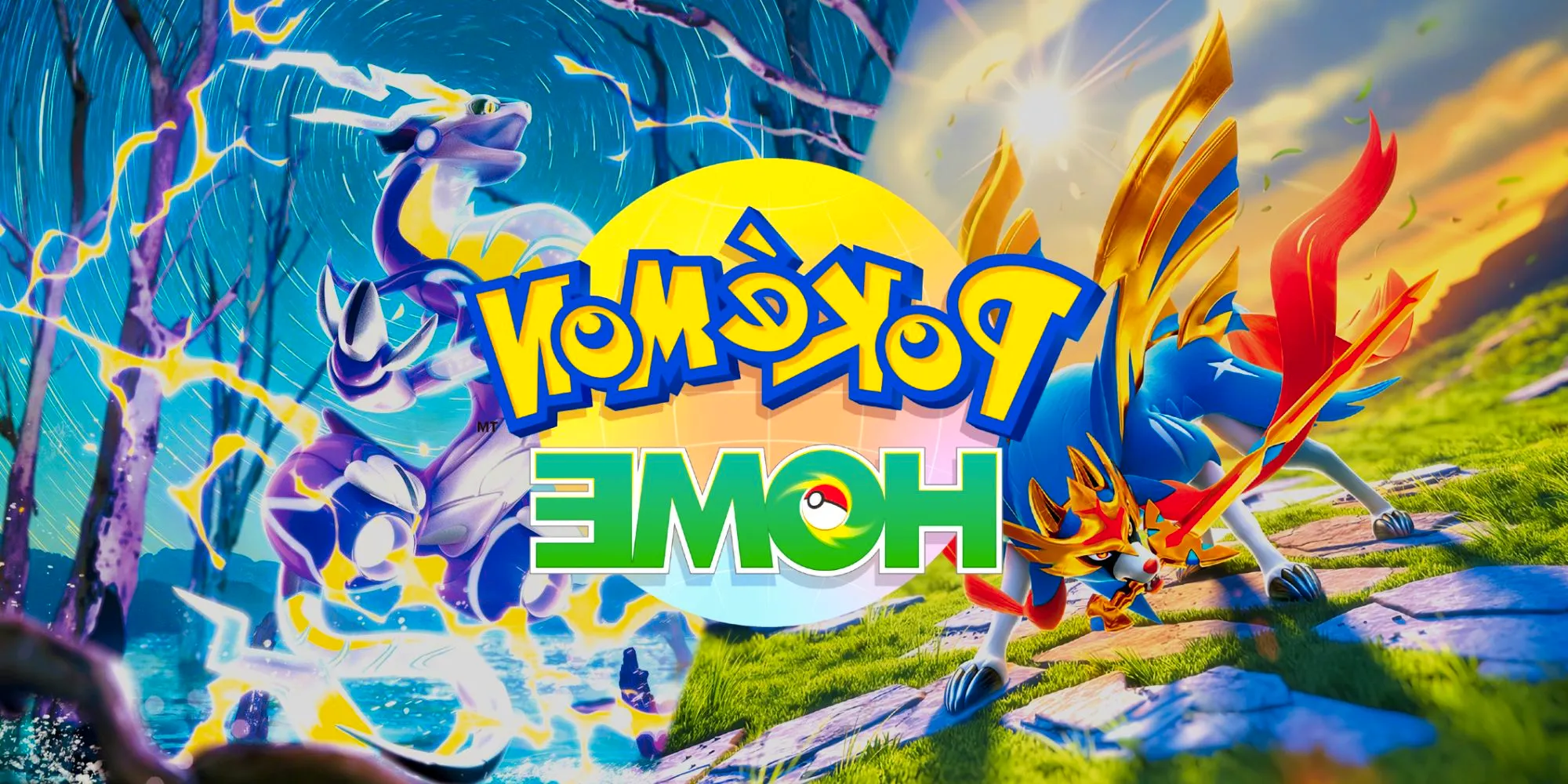 The Pokémon Home logo in front of a background split between artworks of Legendary Pokémon Zacian and Miraidon. Image