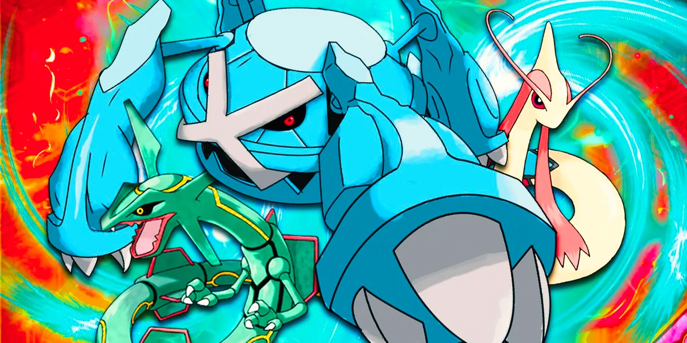 The Pokémon Rayquaza, Melotic, and Metagross. Image