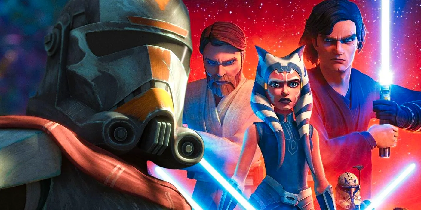 The poster for Clone Wars season 7 next to Hunter wearing his helmet in The Bad Batch Image