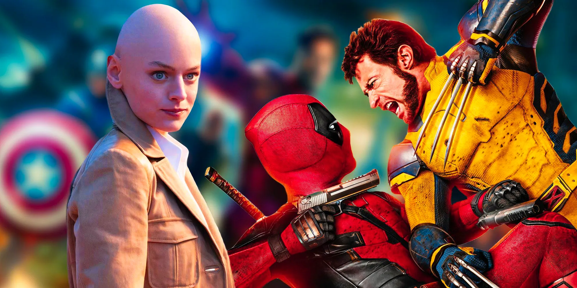 The poster for Deadpool & Wolverine (2024) next to Emma Corin as Cassandra Nova atop a blurred image of the MCU's Avengers Image