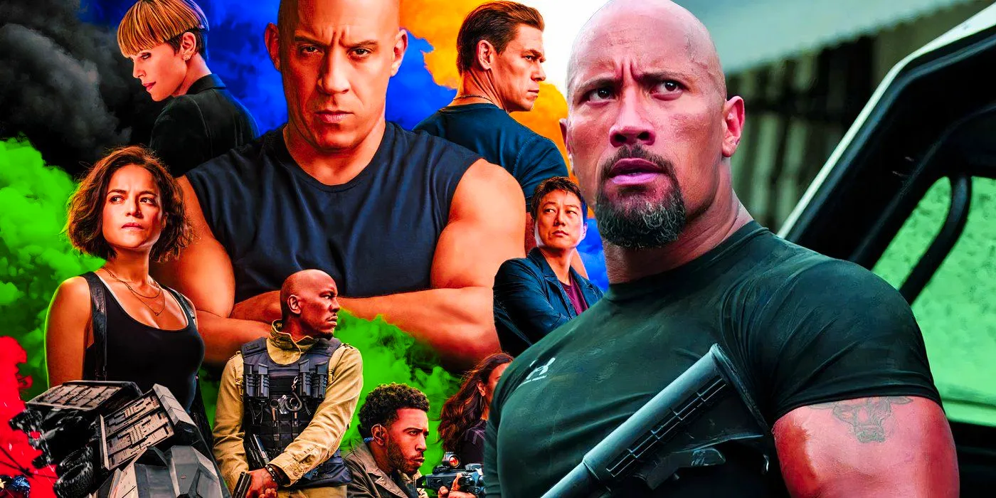 The poster for F9: A Fast Saga (2021) next to Dwayne Johnson as Luke Hobbs in Fast Five (2011) Image