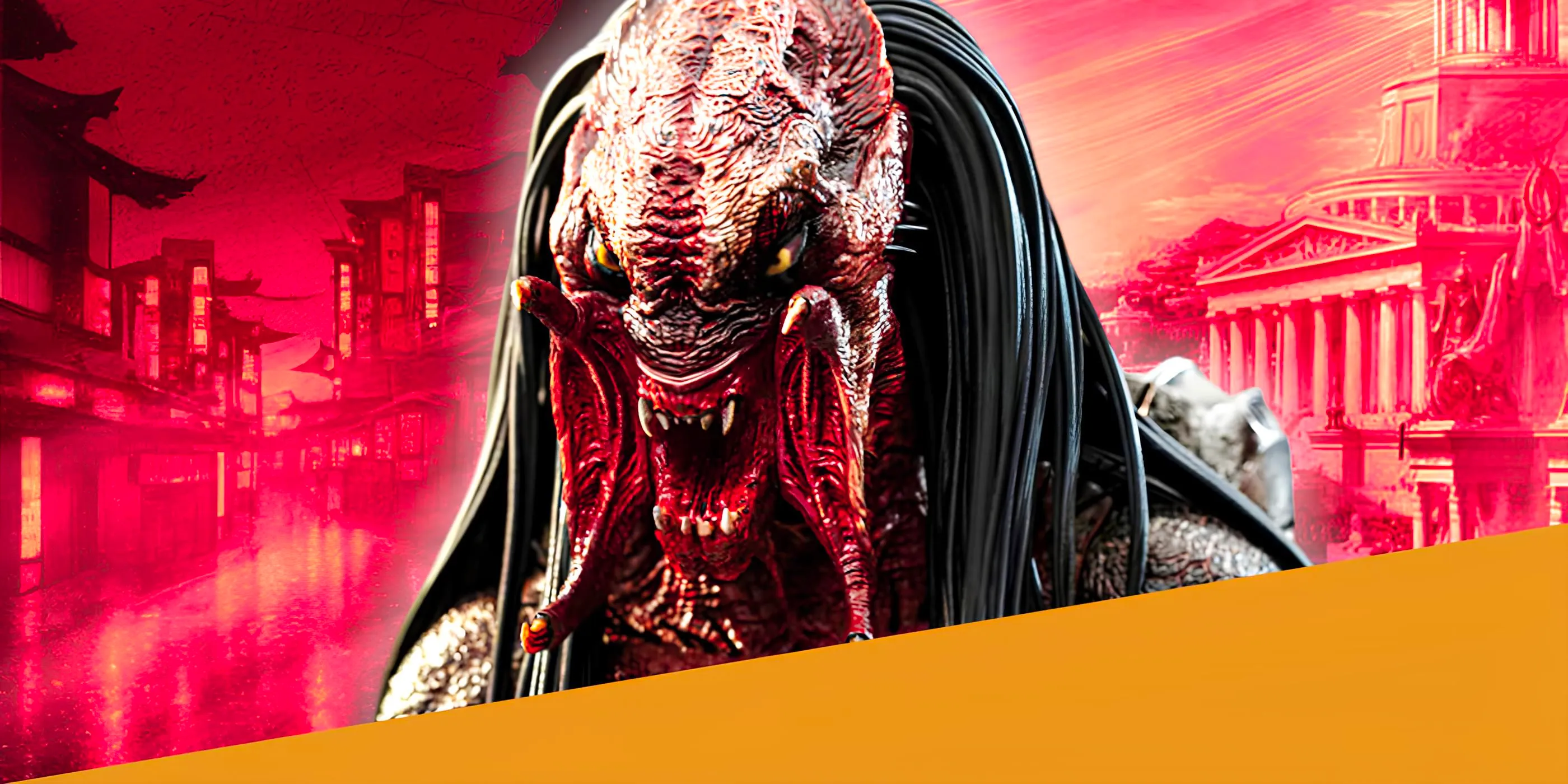 The Predator From Prey With It's Mouth Open In Front of Historical Cities Image