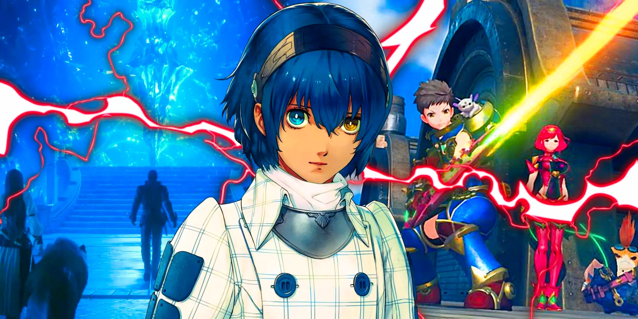 The protagonist from Metaphor ReFantazio in the middle and gameplay from Xenoblade Chronicles 2 on the left and Final Fantasy 16 on the right. Image