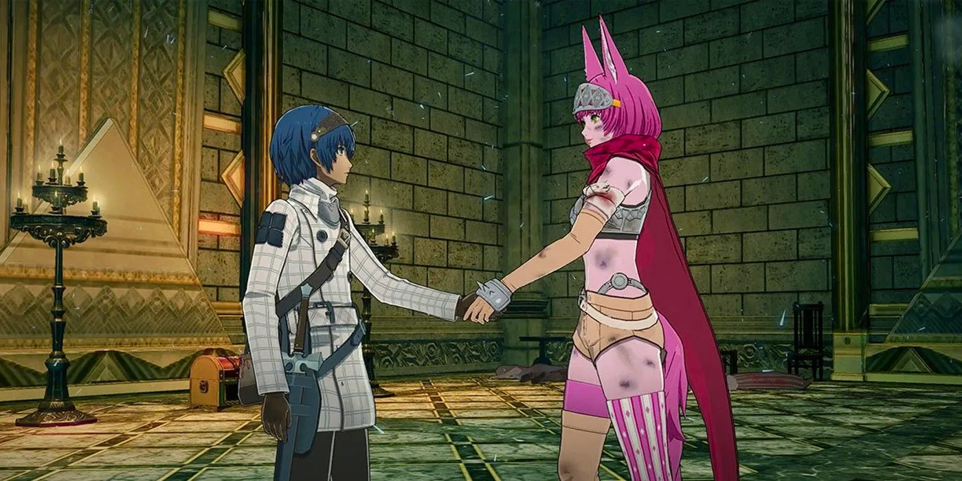 The protagonist of Metaphor: ReFantazio shaking hands with a pink-haired woman with animal ears. Image