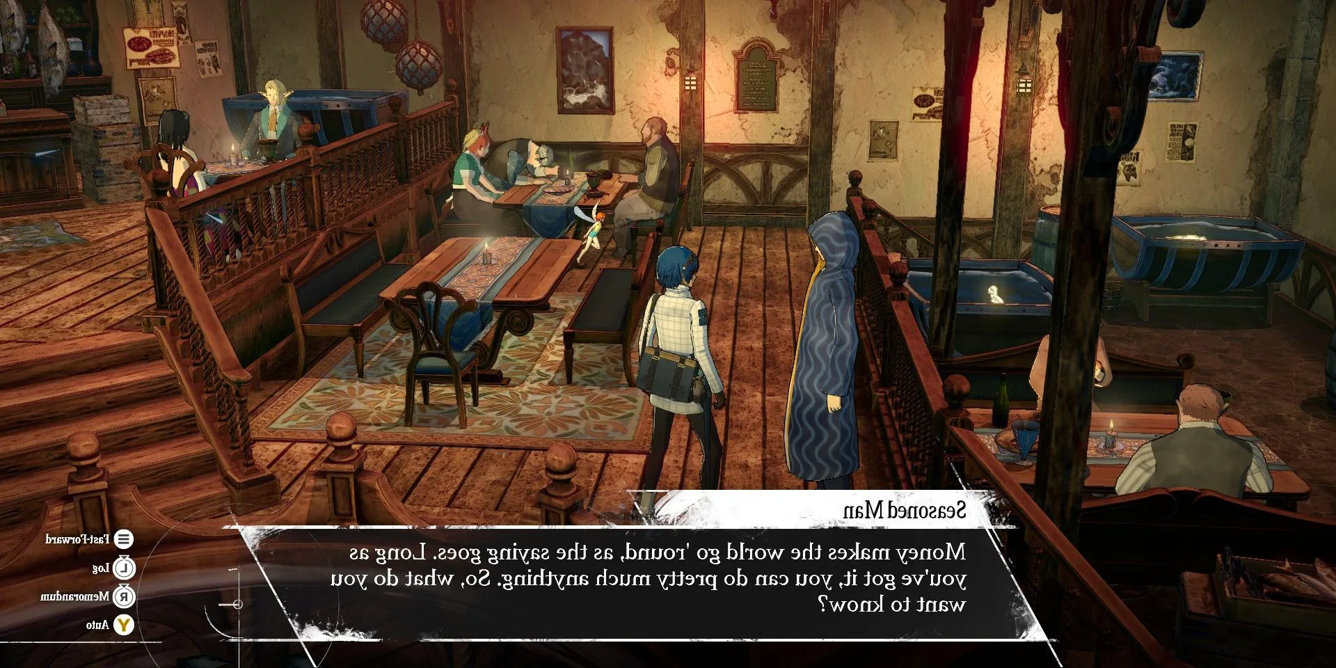 The protagonist of Metaphor ReFantazio talking to an informant in a crowded inn. Image