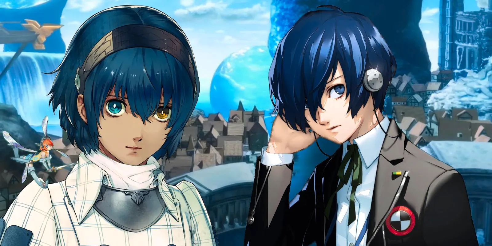 The protagonists from Persona 3 and Metaphor ReFantazio standing side by side in front of a city from Metaphor. Image