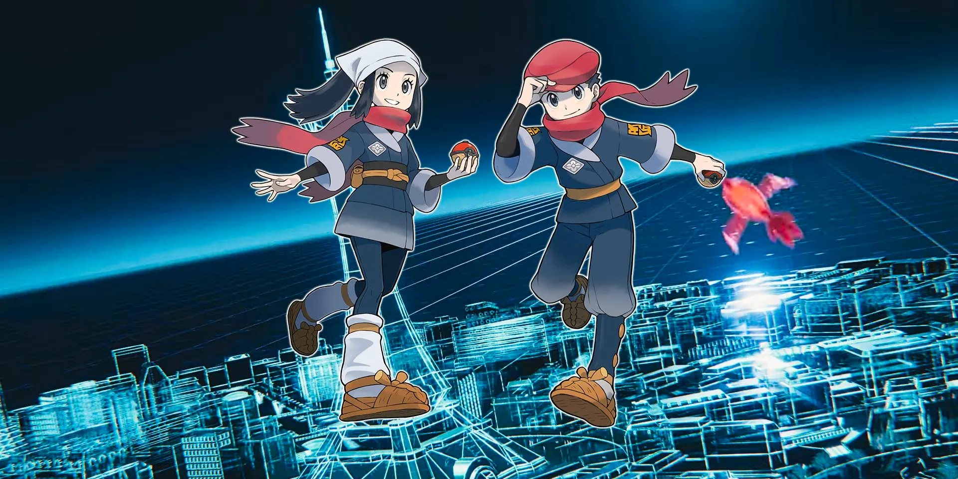 The protagonists of Pokemon Legends_ Arceus in front of a wireframe view of Lumiose City from Z-A's first trailer. Image