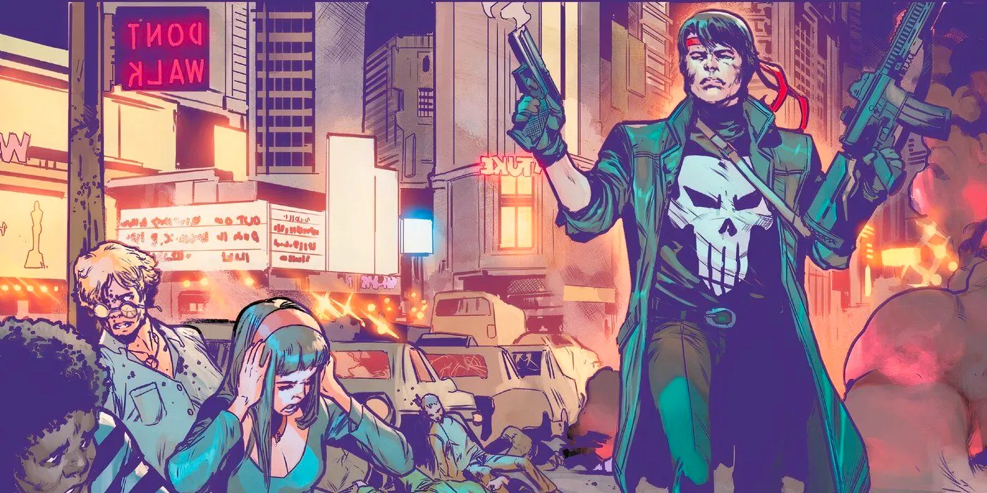 The Punisher walking through the streets of New York City in the Ultimate Universe. Image