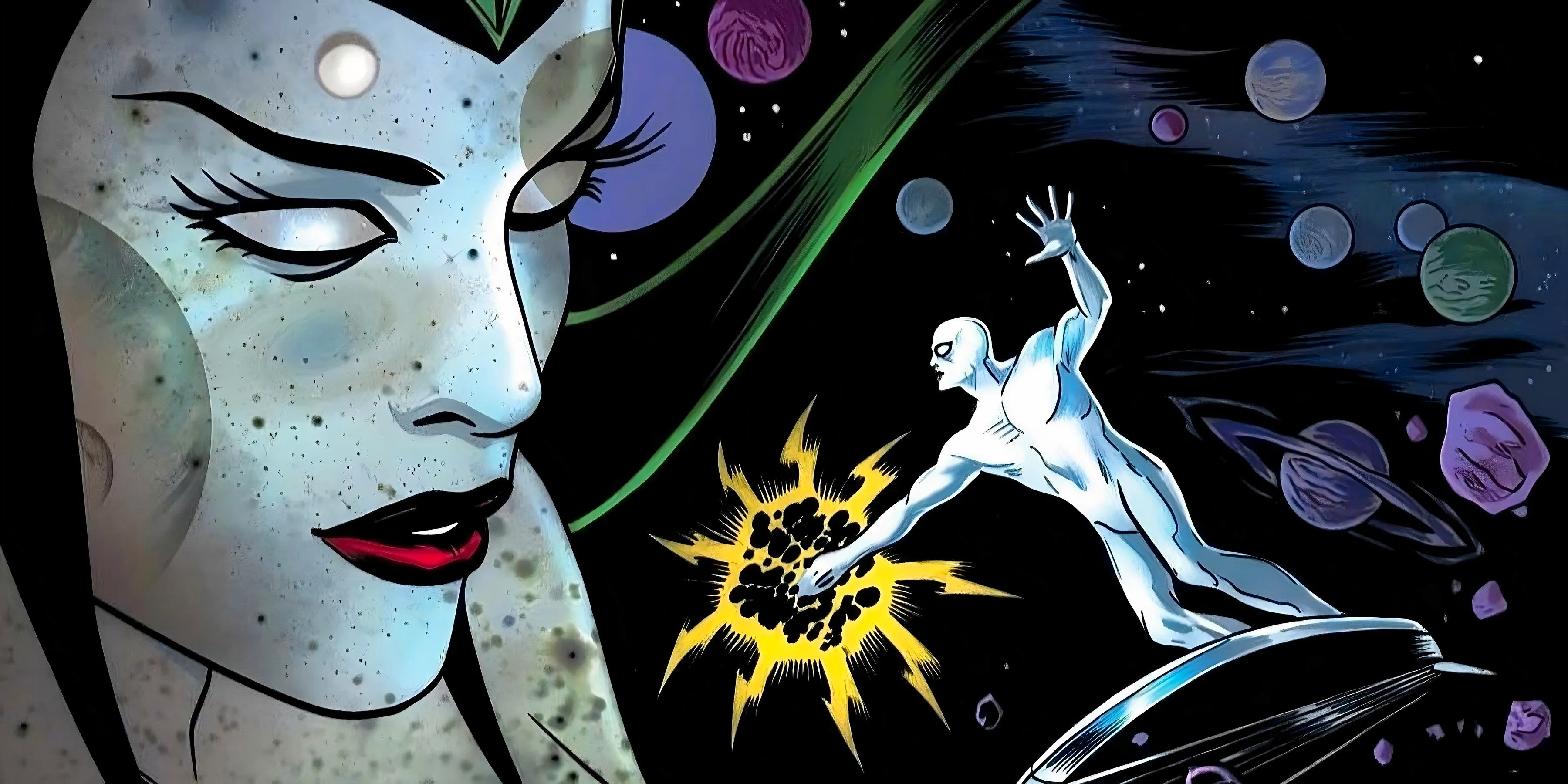 The Queen of Nevers encounters the Silver Surfer while traveling across time. Image