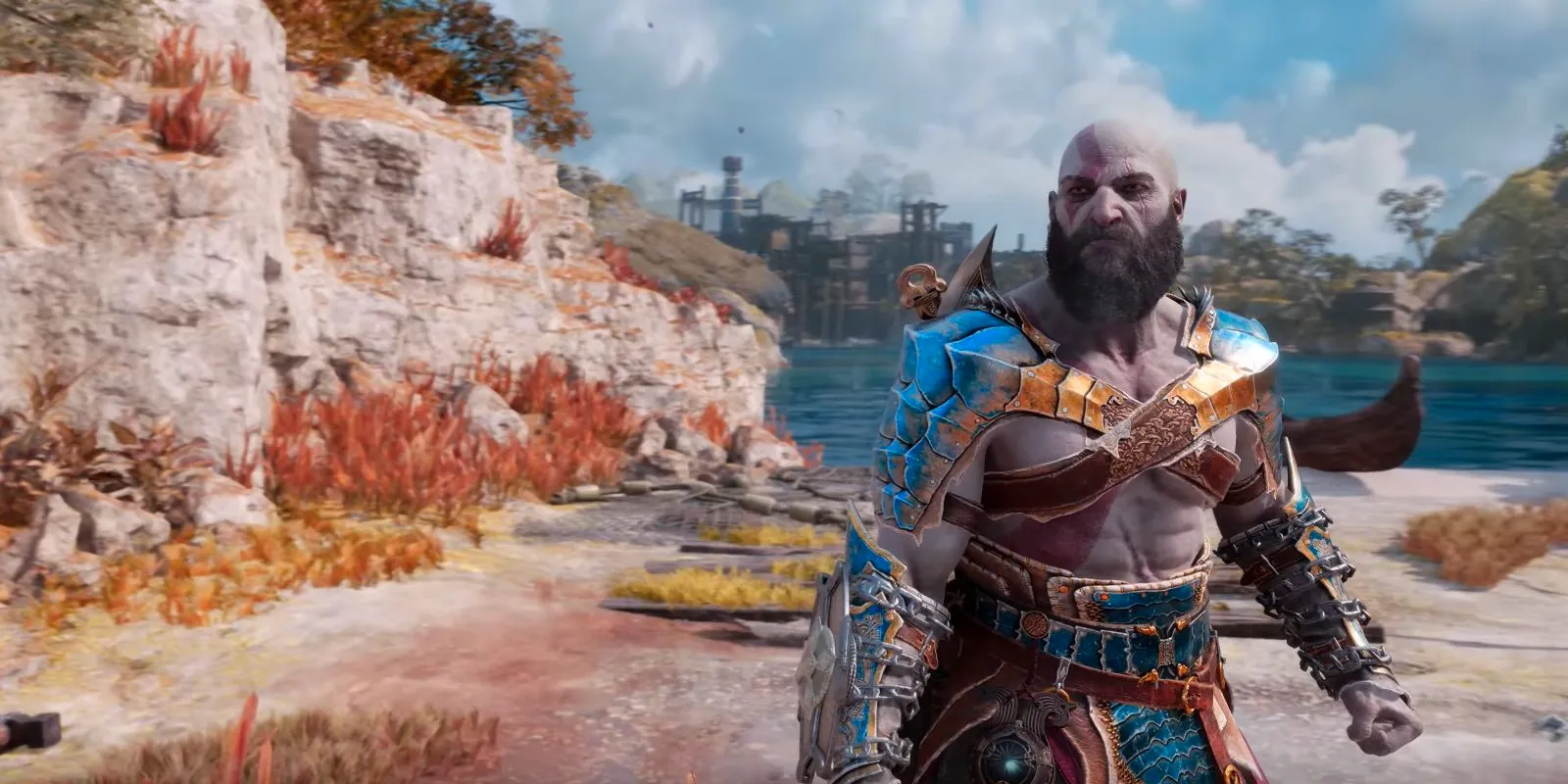 The Radiance armor set in God of War Ragnarok, worn by Kratos. Image