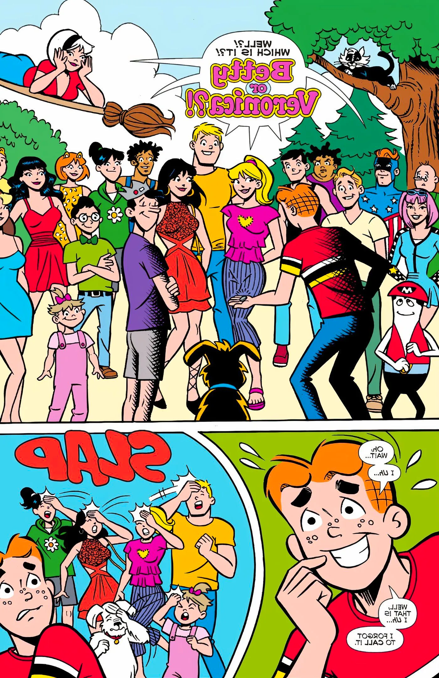 The residents of Riverdale arrive to see the results of Archie's coin flip to choose between Betty and Veronica, but he reveals he forgot to call it, meaning it was all for nothing. Image