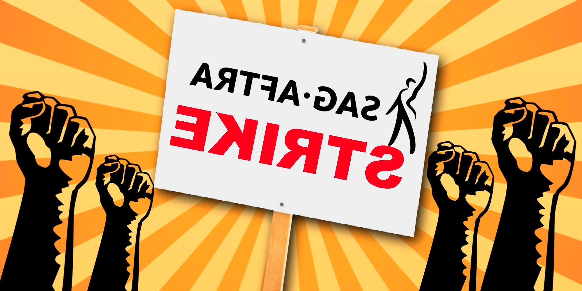 The SAG AFTRA strike logo with the picket sign and arms fisted  Image