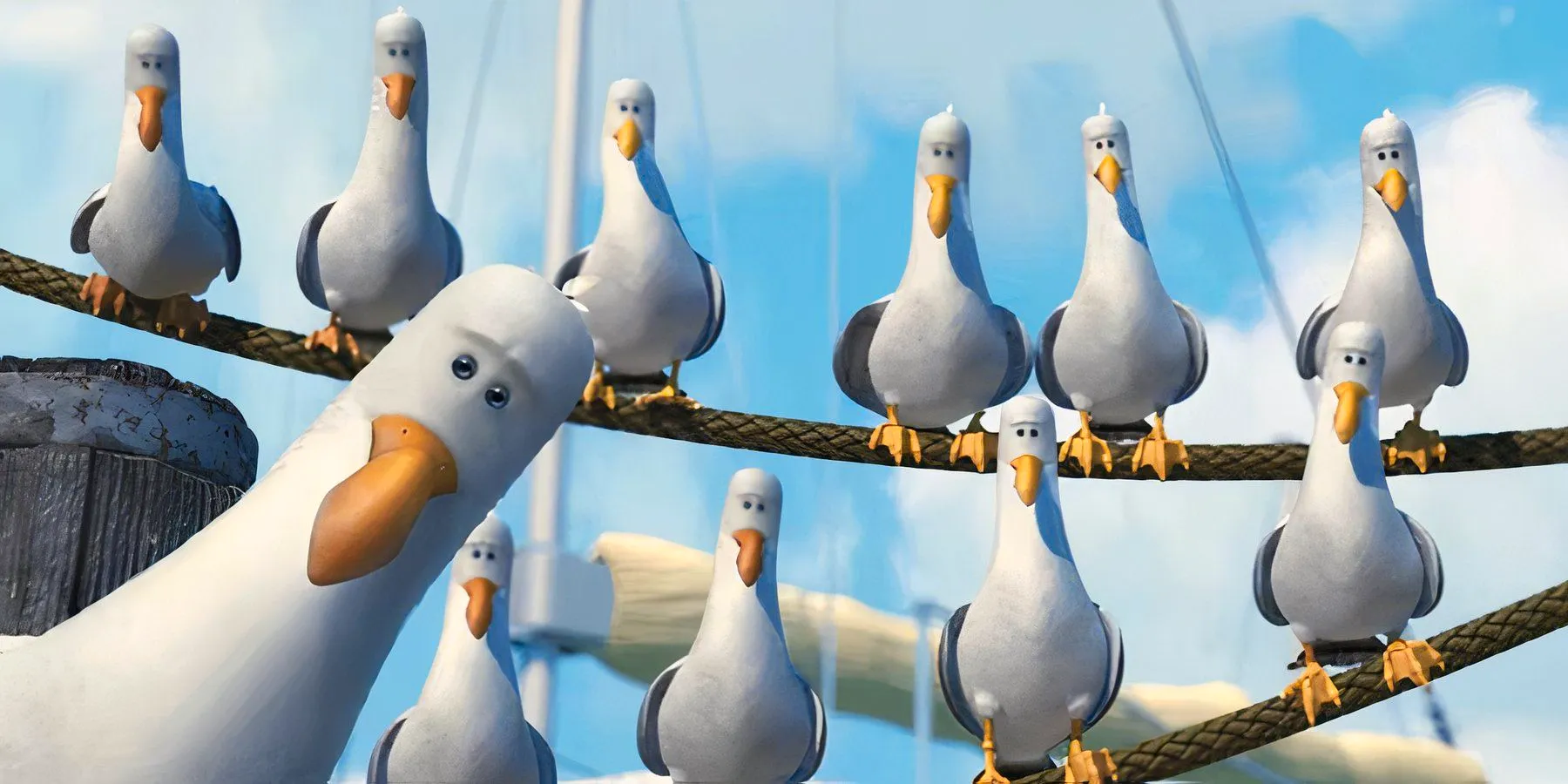 The seagulls in Finding Nemo staring at the camera while perched on ropes Image