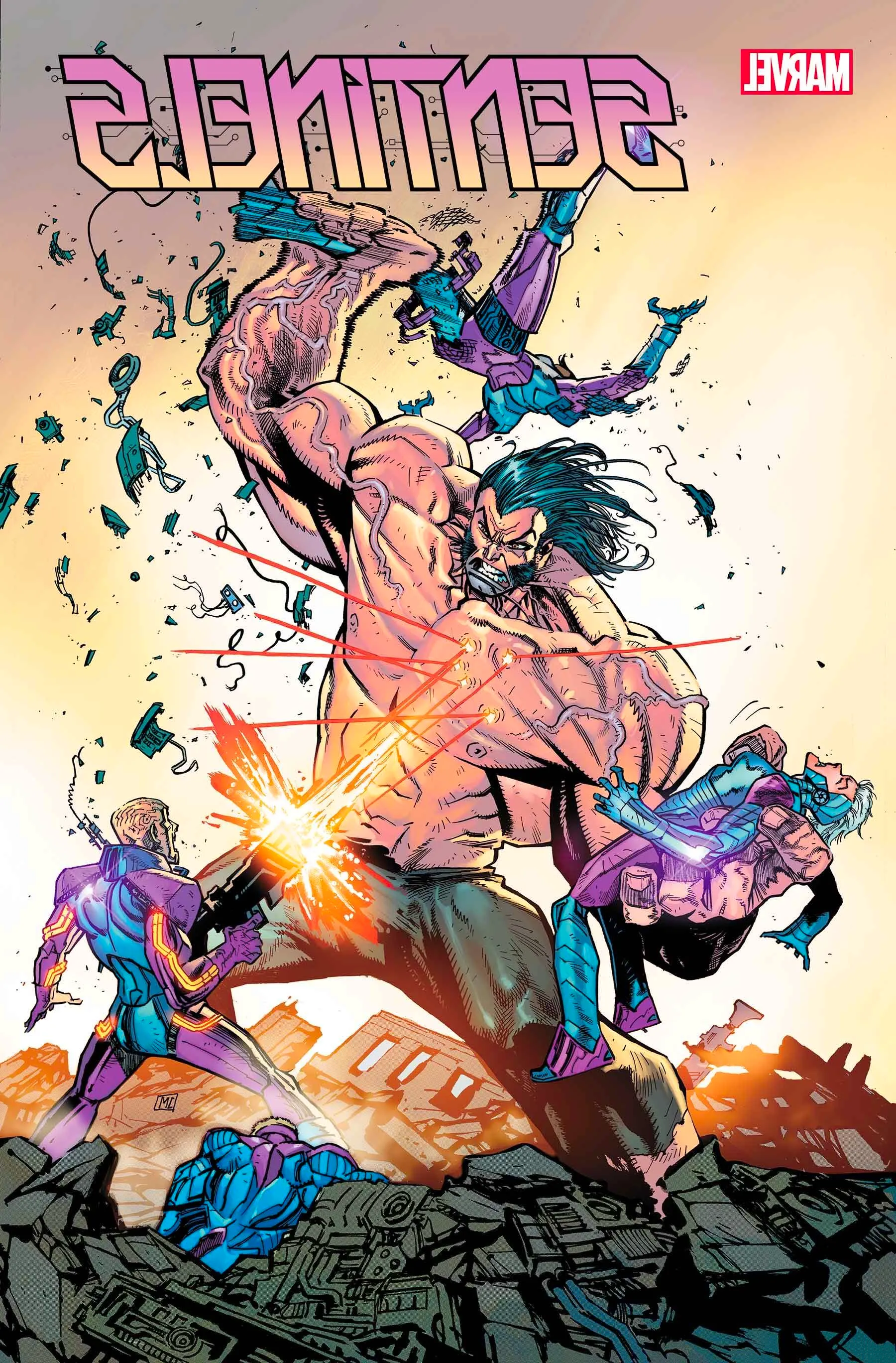 The Sentinels fight a giant, veiny, muscular man who has one of the team in each hand. Image