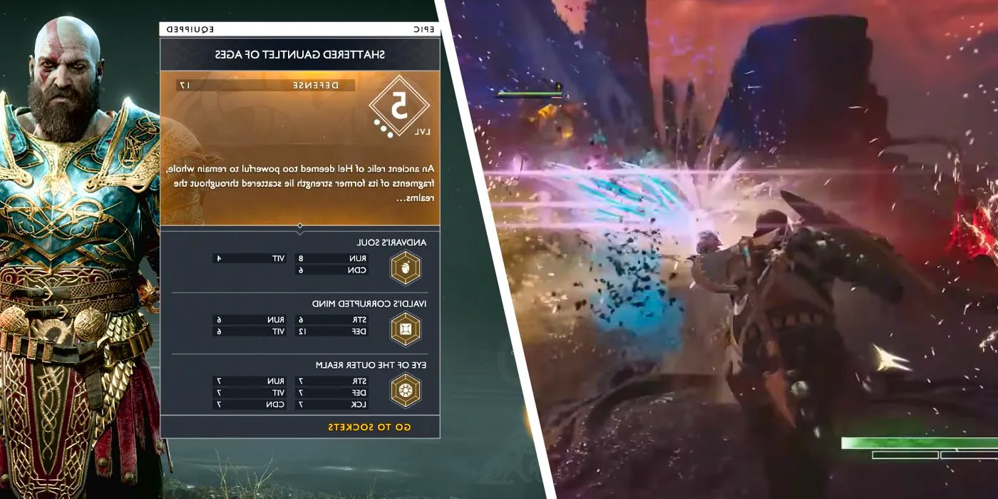 The Shattered Gauntlet of Ages in God of War being used next to its entry on the in-game menu Image