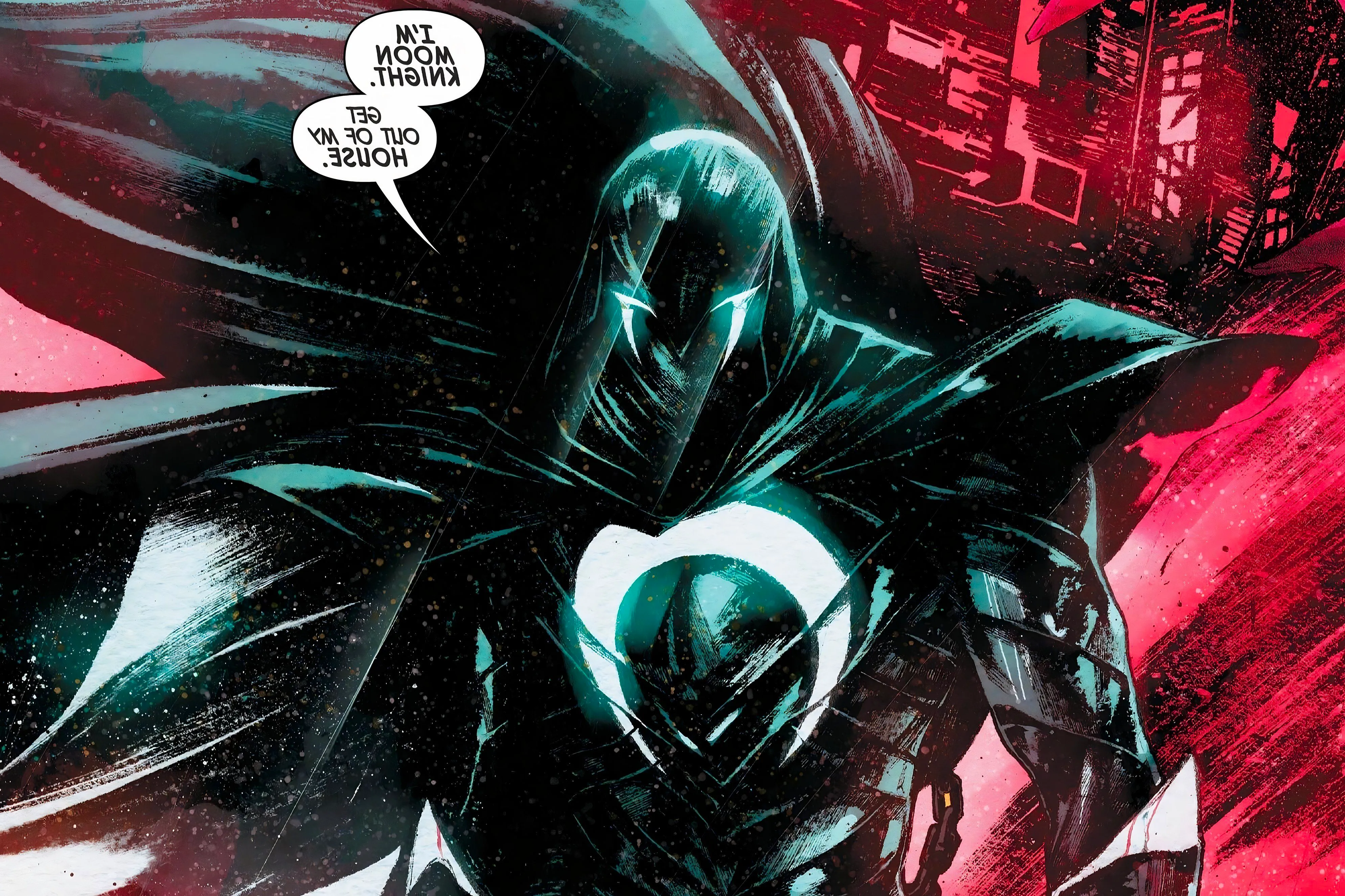 The Shroud, acting as Moon Knight, tells the Midnight Mission to leave their home. Image