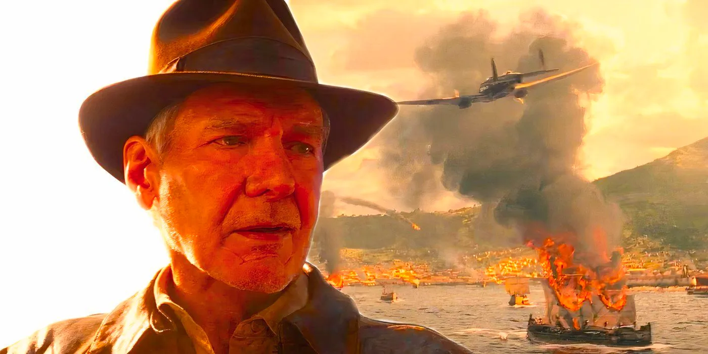 The Siege of Syracuse next to Harrison Ford smirking as Indiana Jones in Indiana Jones and the Dial of Destiny Image