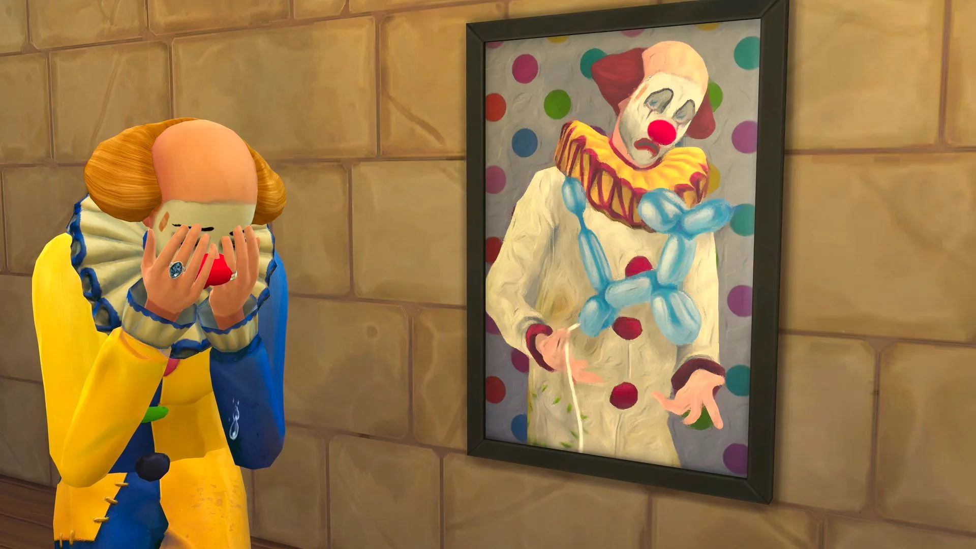 the sims tragic clown next to his painting Image