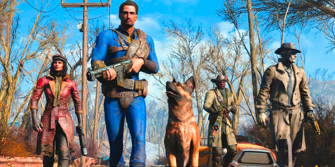 The Sole Survivor in Fallout 4 accompanied by Dogmeat, Piper, Nick Valentine, and Preston Garvey. Image