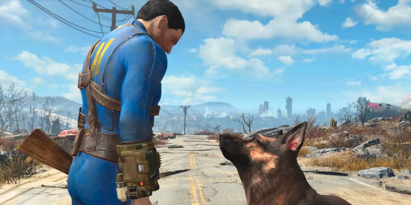 The Sole Survivor looking at Dogmeat in Fallout 4 on an empty road. Image