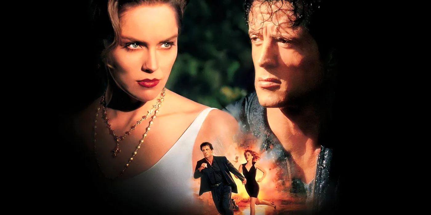 The Specialist (1994) Action promo image featuring Sylvester Stallon and Sharon Stone, large image with a smaller image of them running from an explosion Image