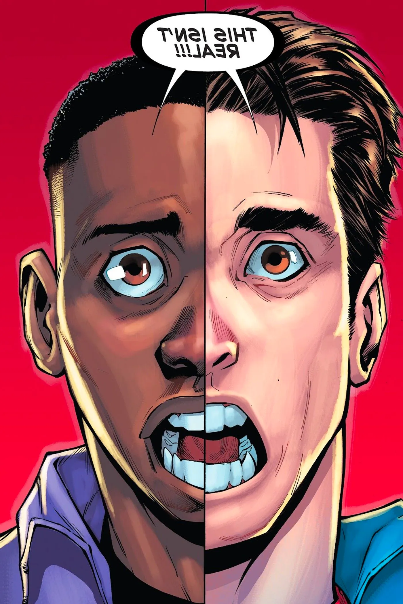 The Spectacular Spider-Men #3, Peter and Miles both realize they're dreaming in a split-image panel. Image