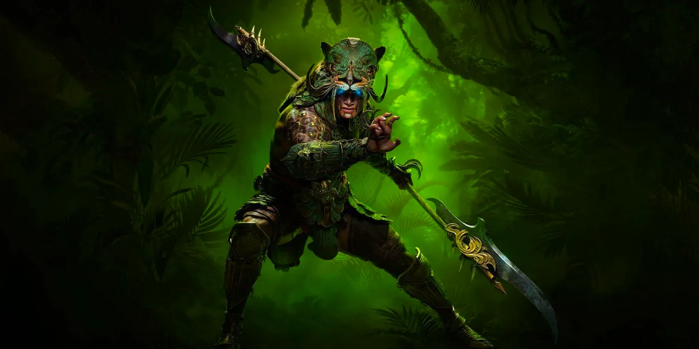 The Spiritborn class holding a spear in a dark jungle in Diablo 4: Vessel of Hatred. Image