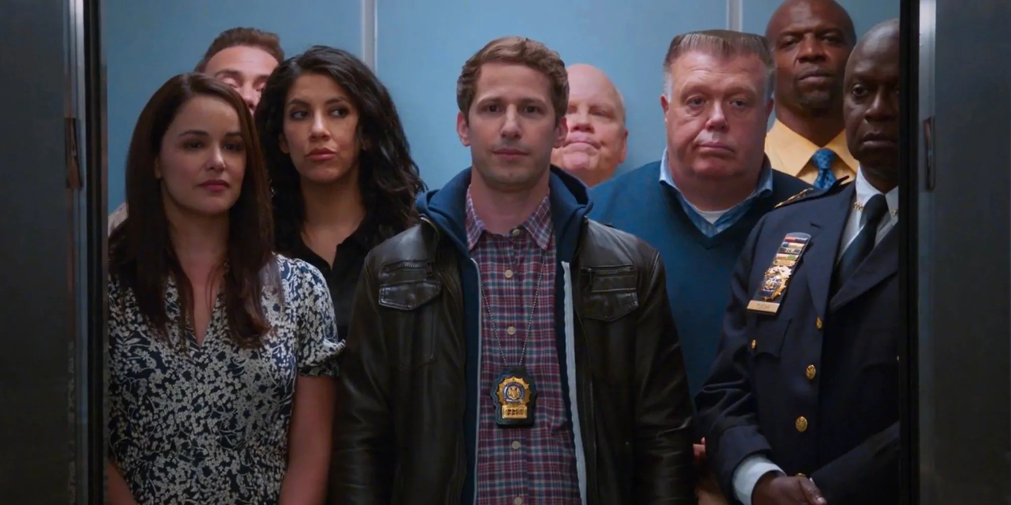 The squad leaving the precinct in the elevator in the Brooklyn Nine-Nine finale Image