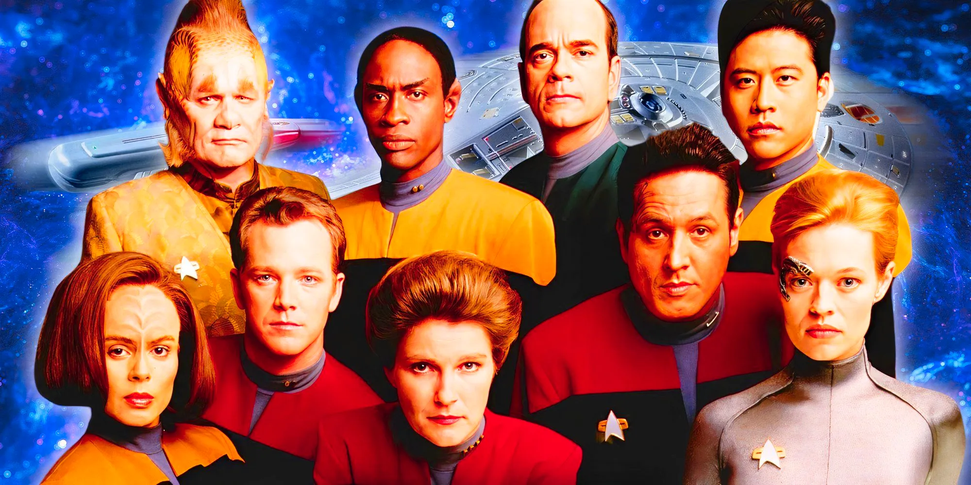 The Star Trek Voyager season 4 cast stand together for a promotional shot with the USS Voyager in the background. Image