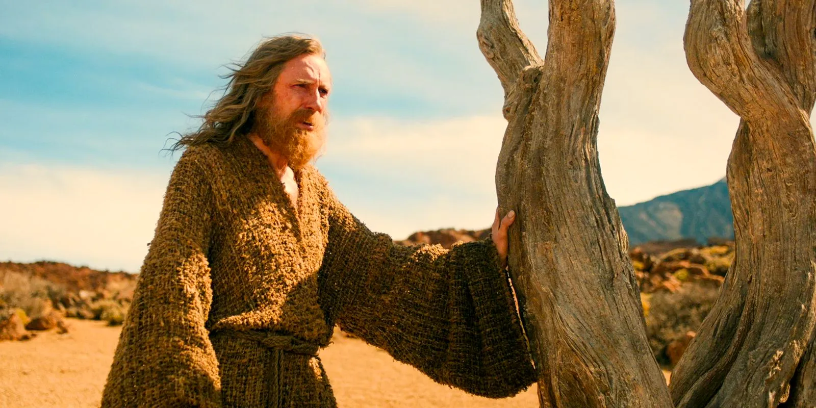 The Stranger (Daniel Weyman) tries to use his magic to obtain food from a dry tree in The Lord of the Rings: The Rings of Power Season 2 Episode 1 Image