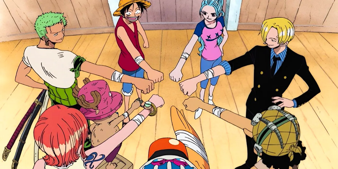 The Straw Hat Pirates and Vivi show their bandaged friendship marks before their journey to Arabasta from One Piece. Image