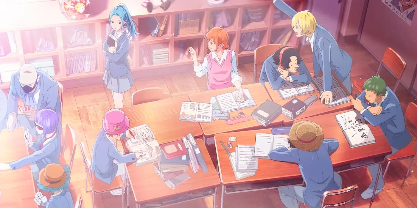 The Straw Hats drawn in a school setting from the Nissan Instant Ramen short  Image