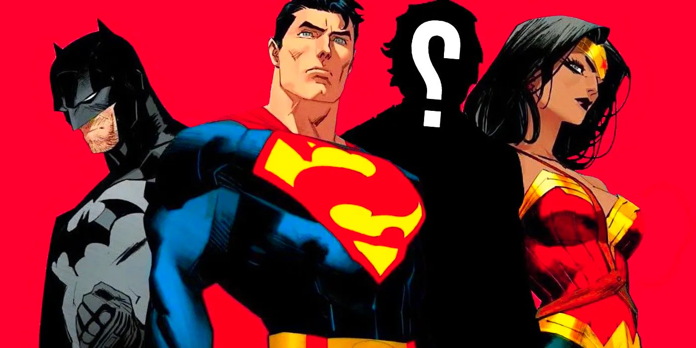 the superman, batman, wonder woman trinity with a mysterious fourth member Image