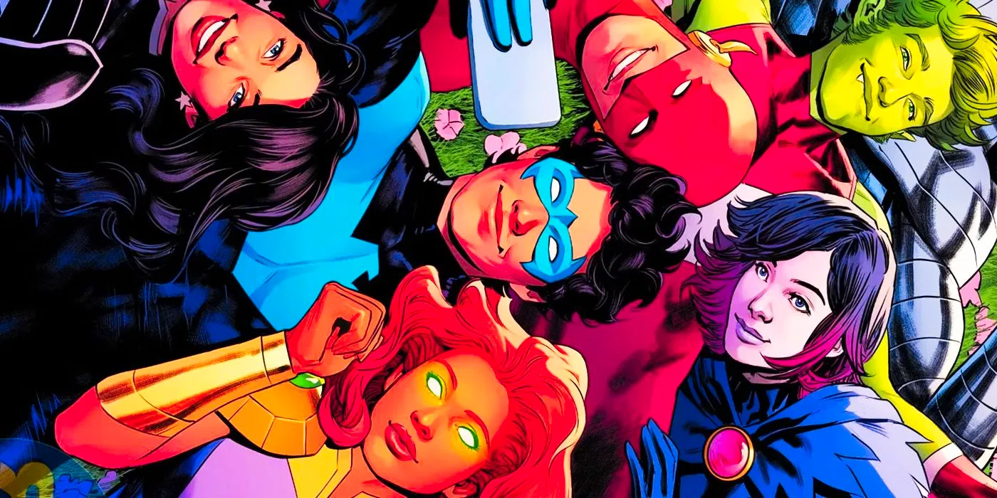 The Teen Titans taking a photo in DC Comics Image