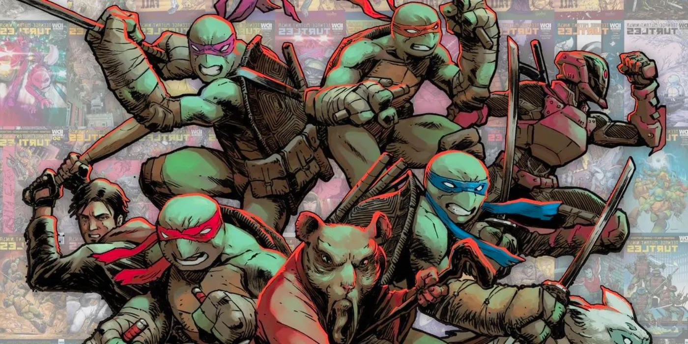 The Teenage Mutant Ninja Turtles with their IDW comics behind them. Image