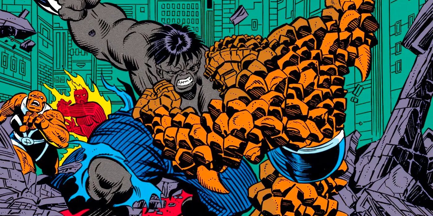 The Thing at maximum power fighting Grey Hulk. Image