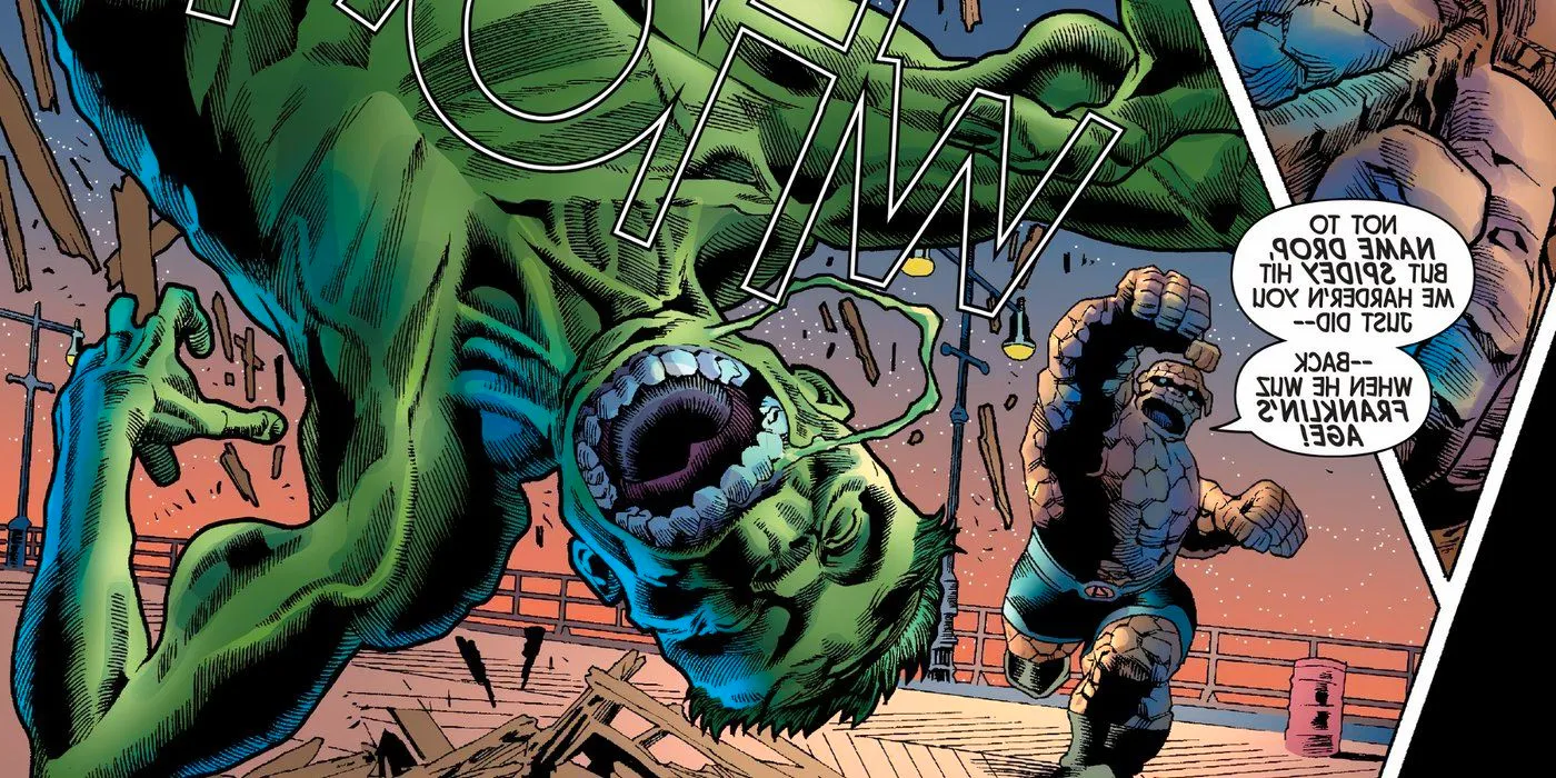 The Thing beating up the Hulk when Hulk is in a weakened state. Image